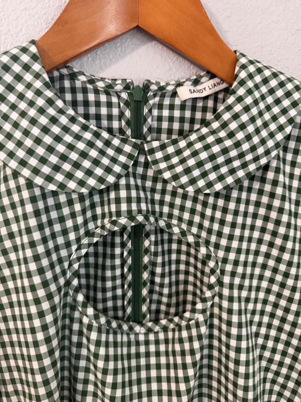 Sandy Liang Gingham Peter Pan Collar Dress with Cut-Out Green White Size 4 - Picture 3 of 16
